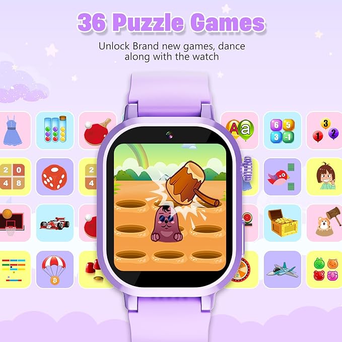 Kids Waterproof Smart Watch Girls Gift Age 3-12 with 39 Game HD Touch Screen Music Player Video Camera Pedometer Alarm Clock Toys Birthday Gifts for 6 7 8 9 Year Olds Purple