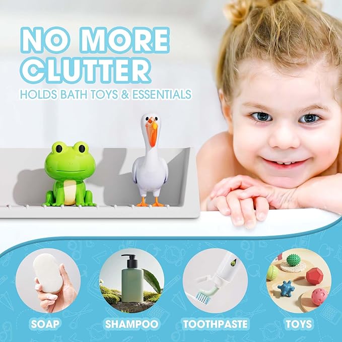 Bathtub Splash Guard for Kids - 31.4 Inch Extra Wide Bath Splash Barrier with 11 Strong Suction Cups, Flexible Silicone Tub Ledge Organizer to Keep Bathroom Floor Dry(Grey)