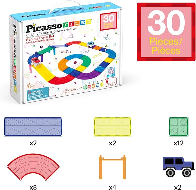PicassoTiles Magnetic Tiles Race Track Car Thrilling Toy Playset Includes 2 Racing Trucks STEM Educational Magnet Tile Building Block Construction Set for Toddlers Boys Girls Ages 3 and Older PTR30
