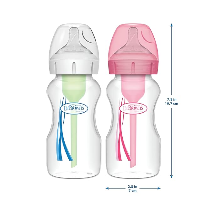 Dr. Brown's Natural Flow Anti-Colic Options+ Wide-Neck Baby Bottles 9 oz/270 mL,with Level 1 Slow Flow Nipple,4 Count,0m+