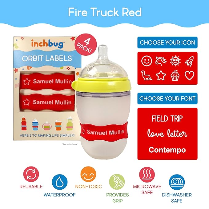 InchBug Orbit Labels Baby Bottle and Water Bottle Silicone Name Bands – Personalized Reusable Label Set for Daycare, Sippy Cups, Preschool, Elementary School, Dishwasher Safe, 4-Pack (Fire Truck Red)