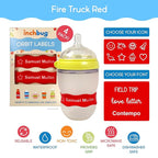 InchBug Orbit Labels Baby Bottle and Water Bottle Silicone Name Bands – Personalized Reusable Label Set for Daycare, Sippy Cups, Preschool, Elementary School, Dishwasher Safe, 4-Pack (Fire Truck Red)