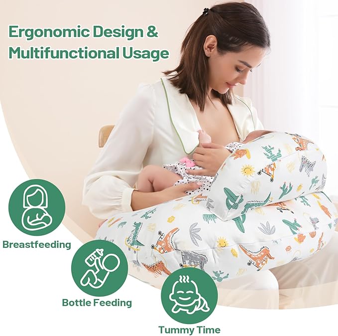 Nursing Pillow, More Support for Mom and Baby, Removable Cotton Cover and Colorful Animal Patterns, Machine Washable, Plus Size Baby Pillow, White