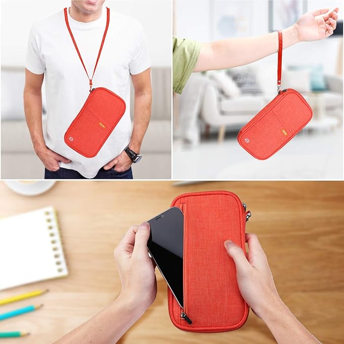 RFID Family Passport Wallet Holder Waterproof, Travel Document Organizer Credit Card Clutch Bag for Men Women (RFID Orange)