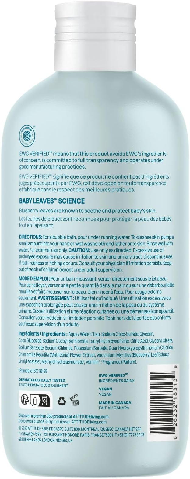 ATTITUDE Bubble Body Wash for Baby, EWG Verified, Dermatologically Tested, Plant and Mineral-Based, Vegan, Good Night, 16 Fl Oz (Pack of 6)