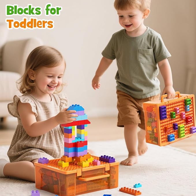 97PCS Building Blocks Set with Storage Box & Base Plate - STEM Educational Toys for Toddlers, Kids Ages 3+, Compatible with Major Large Particle Building Block