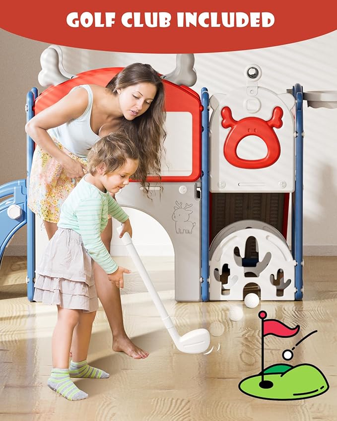 YUFU 12 in 1 Kids Slide for Toddlers, Toddler Slide Playset with Golf, Drawing Board, Climber, Basketball Hoop and Storage Space, Indoor Outdoor Toddler Playground for Kids Age 1-3 (Blue Red)