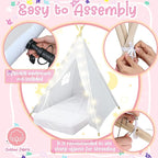 2 Pack Kids Teepee Tent with Mattress,Fitted Sheet,Light String,Washable Natural Cotton Toddler Play Tent for Girls Boys Indoor Outdoor Sleepover Slumber Birthday Party(White)