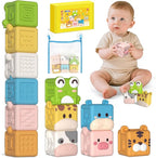 Animal Soft Gel Stacking Block Set Soft Silicone Baby Blocks Toys for 18 Months to 3 Years Old Early Learning Touch Bath Educational Toys with Numbers Animals Fruits Texture