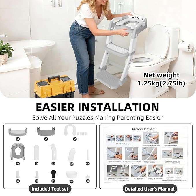 Potty Training Seat, Upgrade Toddler Toilet Seat for Kids Boys Girls, 3 in 1 Potty Training Toilet with Step Stool Ladder-Non Slip Foldable (Gray+White)