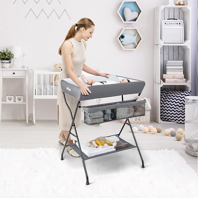 INFANS Baby Changing Table, Folding Diaper Station Portable Nursery Organizer with Safety Belt and Large Storage Racks for Newborn Baby and Infant (Grey)