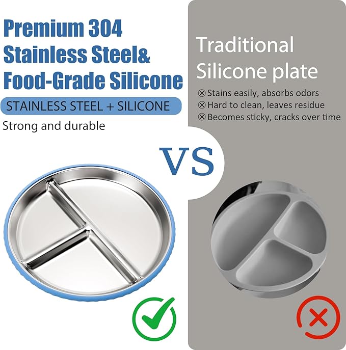 Stainless Steel Kids Plates and Bowls with Suction, Divided Baby Plate and Toddler Bowl with Removable Silicone Suction, Non-Slip Baby Feeding Set Dishwasher Safe, 4 Packs