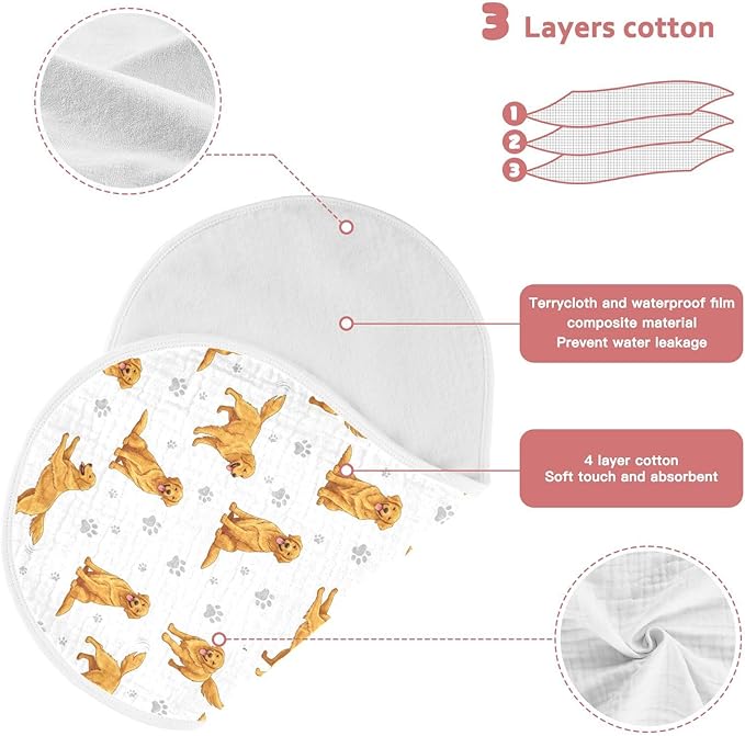 4 Pack Muslin Burp Cloths Golden Dogs Paw Prints White Cotton Baby Burp Cloths Ultra Absorbent and Soft Thick Burping Cloth for Newborn Boys Girls 22x11 Inch