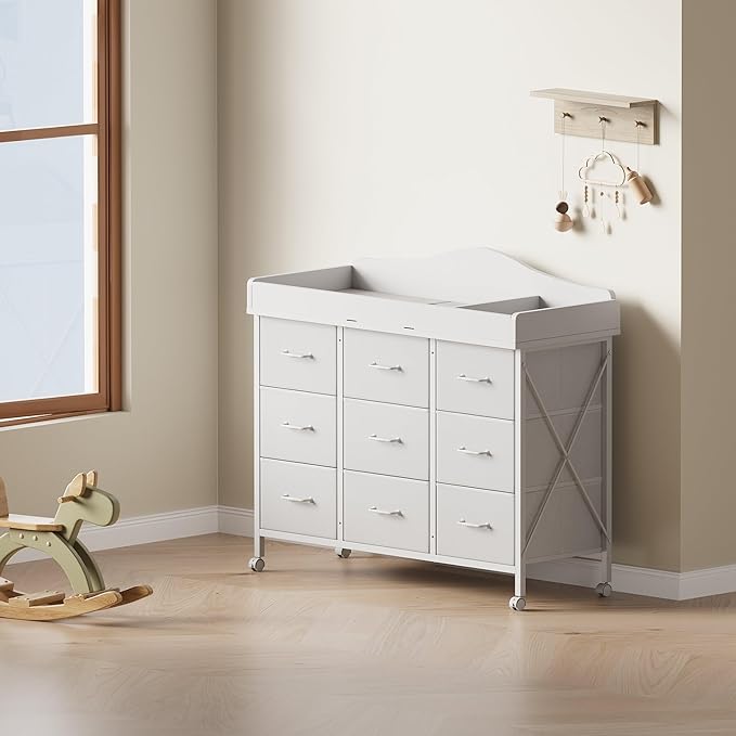 Baby Changing Table with 9 Fabric Drawers, Waterproof Diaper Changing Station & Pad, Mobile Nursery Diaper Changing Table, Baby Furniture, Bedroom, White