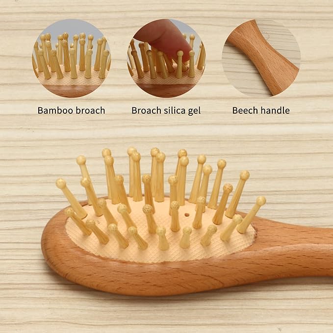 Wooden Natural Goat Bristle Brush and Cradle Cap Comb Set - 5 in 1 Baby Grooming Kit for Newborns, Toddlers, Boys, and Girls (Blue)