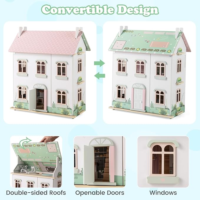 Costzon Wooden Dollhouse for Kids, 3-Level Dollhouse Playset with Double-Sided Roofs, 19 Furniture & Accessories, 5 Rooms, Pretend Play Toddler Doll House, Gift for Kids Aged 3+ (Multicolor)