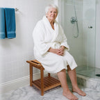 Teak Shower Bench-Solid Teak Wood Shower Chair with Towel Bars & Storage Shelf, Stable Non-Slip Bathroom Stool for Elderly & Recovery, Heavy Duty Shower Seat for Inside Shower & Tub Safety 17 inch