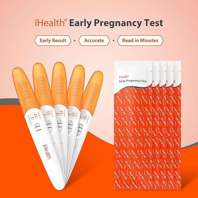 iHealth Pregnancy Test 5-Pack, Detect Early Pregnancy 6 Days Before Missed Period with 99% High Sensitivity. Easy at-Home Fertility HCG Test with Pink Dye, Individually Wrapped, Pruebas de Embarazo