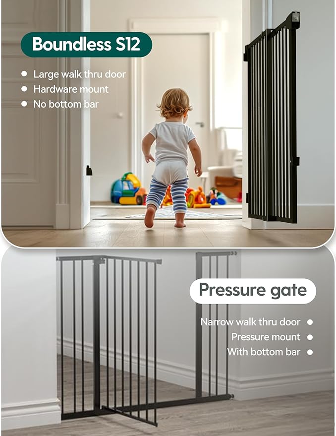 Babelio 34" Tall No Bottom Bar Baby/Dog Gate for Stairs, House and Doorways, 29.7-46.5" Auto Close Safety Pet Gates with Large Walk Thru Door, Hardware Mount, Black