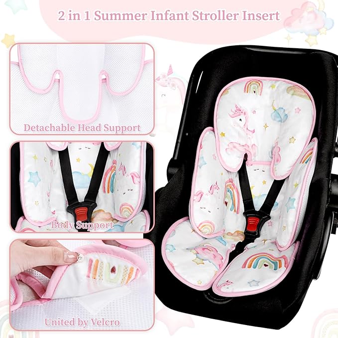 Summer Infant Car Seat Insert, 2 in 1 Baby Car Seat Head Body Support for Newborn Upgrade Mesh Baby Car Seat Insert Stroller Cushion for Boys Girls, Extra Soft and Breathable, Unicorn