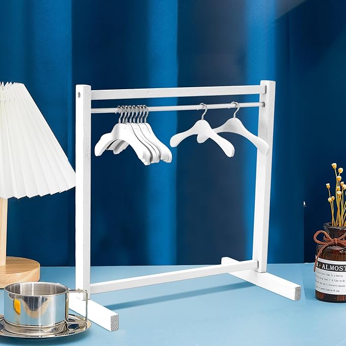 Civaner 22 Pcs Doll Garment Rack with Wooden Clothes Hanger for 18 Inch Girl Doll Clothes Mini Hangers Wardrobe Furniture Accessories for Dollhouse Baby Shower Supplies (White)