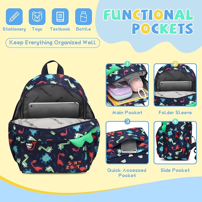 SUN EIGHT Preschool Toddler Kids Backpack Small 3D Cartoon Dinosaur Lunch Daycare School Bookbag Animal Travel Bags for Boy For 2-5 Years old（Cute Dinosaur）