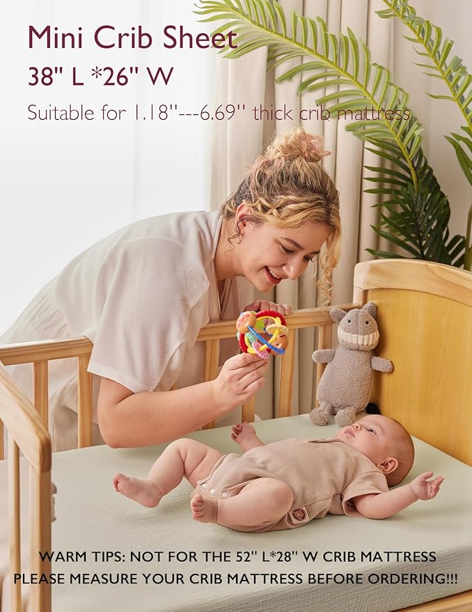 Momcozy Muslin Mini Crib Sheets Fitted - 38''x26'' Pack and Play Sheets for Pack N Play Mattress, 2 Pack Soft & Breathable Natural Cotton Non Slip Bed Cover for Boys, Girls, Grey Green