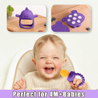 Baby Fruit Food Feeder Breastmilk Popsicle Molds for Teething Relief - 3 Pack Feeding Sets - 1 Freezer Tray with Lid & 1 Teether Toy & 1 Silicone Pacifier + 3 Extra Sizes Infant Feed Mesh (Purple)