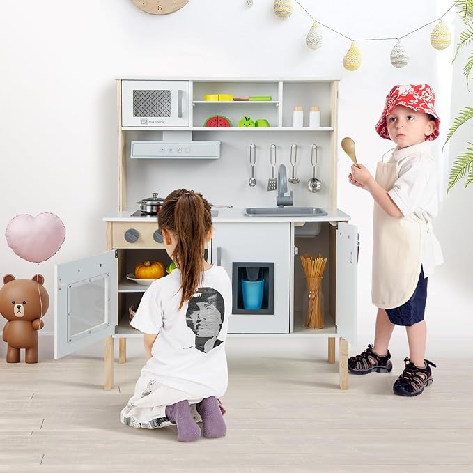 HONEY JOY Kids Kitchen Playset, Wooden Play Kitchen for Toddlers, Microwave, Range Hood, Ice Maker, 18 Cooking Accessories, Little Chef Pretend Play Toy Kitchen Set, Gift for Boys Girls, Natural