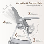 Kinder King Convertible Baby High Chair, Adjustable Feeding Chair for Babies and Toddlers with Removable Double Tray, Simple Compact Fold for Space-Saving, 2 Built-in Wheels, Easy to Clean, Gray