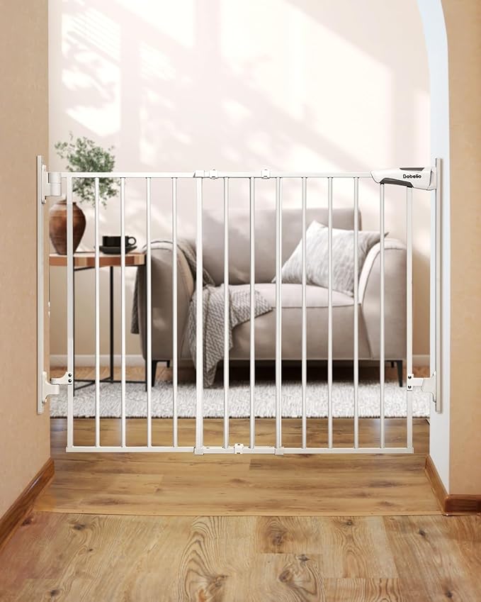 Babelio 27-45" No Bottom Bar Baby/Dog Gate with Easy Installation, 2-in-1 Auto Close Design, Suitable for The House, Stairs, and Doorways, Safety Pet Gates with Large Walk-Thru Door, White