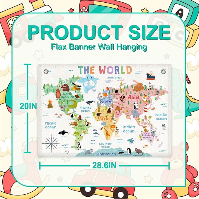 World Map Banner Playroom Decor Wall Hanging, Playroom Wall Decor Educational Banner Flag, Cute Cartoon Animal Wall Flag Nursery Bedroom Toddler Room Decor Classroom Decorations, Banner for Room