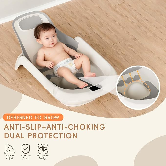 Baby Bathtub for Newborn to Toddler, Reclining Newborn Bathtub, Adjustable Baby Tub with Bath Kneeler Pad & Clean Rinse Cup, 0-36 Months (Gray)