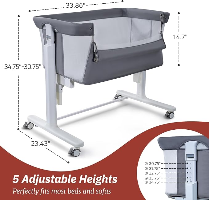 Electric Bassinet for Baby, 3 Speeds Automatic Rocking Bassinets with All mesh, 5 Height Adjustment Bedside Crib for Nweborn, 8 Music, Wheels, Light Grey