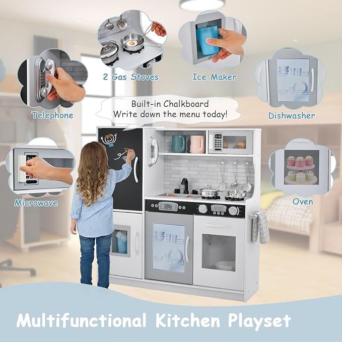 HONEY JOY Kids Kitchen Playset, Wooden Little Chef Pretend Toy Kitchen Set w/Chalkboard, Telephone, Utensils, Oven, Microwave, Sink, Storage, Play Kitchen for Toddlers, Gift for Boys Girls, White