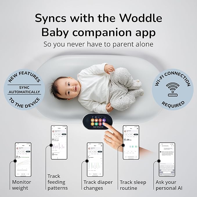 Woddle Multifunctional Smart Baby Changing Pad with Medical Grade Scale for Critical Weight Monitoring + AI App, Noise Machine, Warmer, Night Light, Touchscreen Tracker, All-in-One