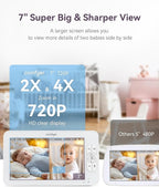 7" Split-Screen Baby Monitor with 2 1080P Cameras, 720P HD No WiFi Monitor with a Flexible Bracket, Video Baby Monitor with Camera and Audio, 2 Way Audio, Remote PTZ, Auto Night Vision