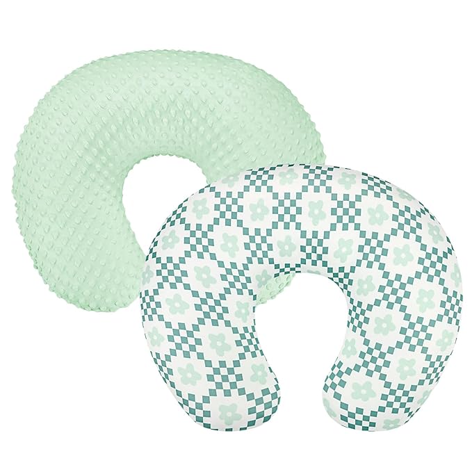 Pea Pod Minky Nursing Pillow Cover 2 Pack, Removable Nursing Cover for Breastfeeding Pillows, Soft and Comfortable Pillow Slipcover for Baby Girls Boys Newborn, Green& Checkered