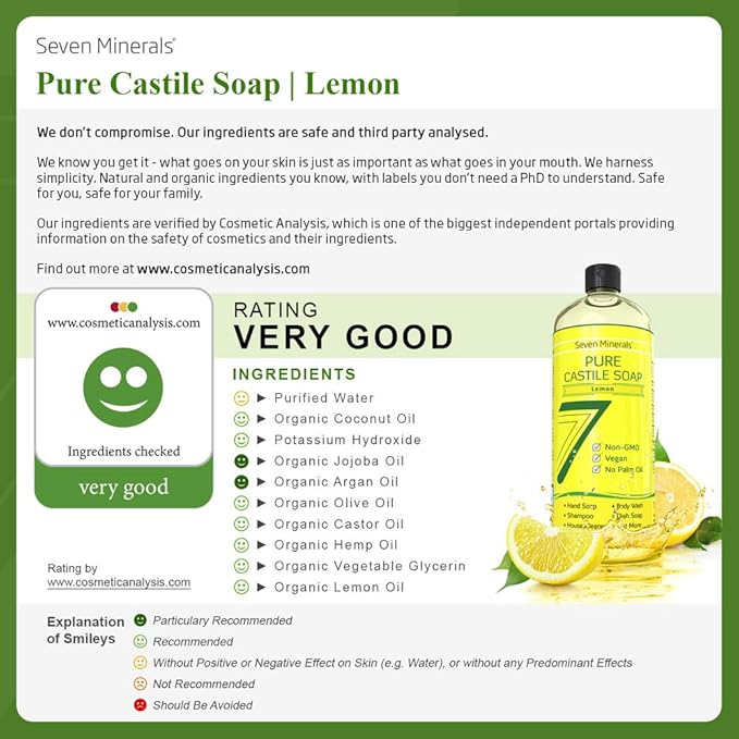 Pure Castile Soap, Lemon - No Palm Oil, GMO-Free - Gentle Liquid Soap For Sensitive Skin & Baby Wash - All Natural Vegan Formula with Organic Carrier Oils (33.8 fl oz)