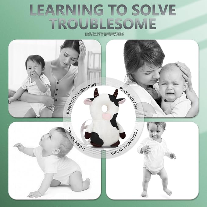 Baby Walker Head Protector Backpack Wear,Toddler Adjustable Baby Head Protection Backpack for Safety Baby Learning Walking Crawling (White Cow)