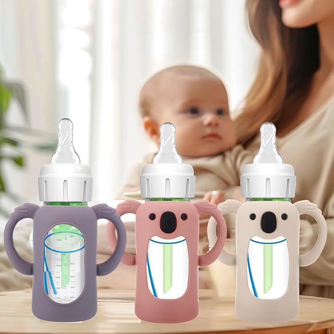 BUSOHA 3 Pack Koalas Silicone Sleeves for Dr. Brown's Glass Baby Bottles - Drop Protection Baby Bottle Sleeves Compatible with Dr Brown Newborn Glass Bottles with Silicone Handles,4 oz