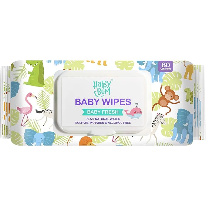 HAPPY BUM Sensitive Water Baby Diaper Wipes, Baby Wipes, Unscented, 4 Flip-top packs (320 Wipes Total)