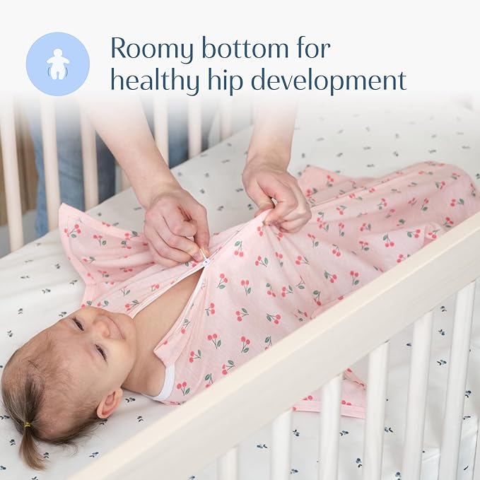 SleepingBaby Zipadee-Zip Transition Swaddle - Cozy Baby Swaddle Blanket with Zipper Convenience - Roomy Wearable Blanket for Easy Diaper Changes - Cherries, X-Small (3-6 Month)