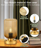 Touch Table Lamp for Nightstand - Small Bedside Lamps for Night Stands Bedroom Living Room, Dimmable Rechargeable Desk Lamp Battery Operated with Amber Glass Shade, Bulb Included