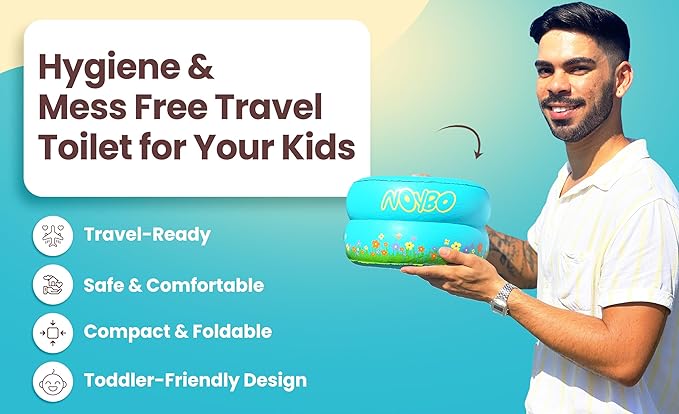 Travel Potty Seat for Toddlers - Inflatable Portable Toilet Kids Chair, Foldable Compact Lightweight Potty for Camping Road Trips, Outdoor Car Travel, Holds 66 lbs and 20 Durable Disposable Bags