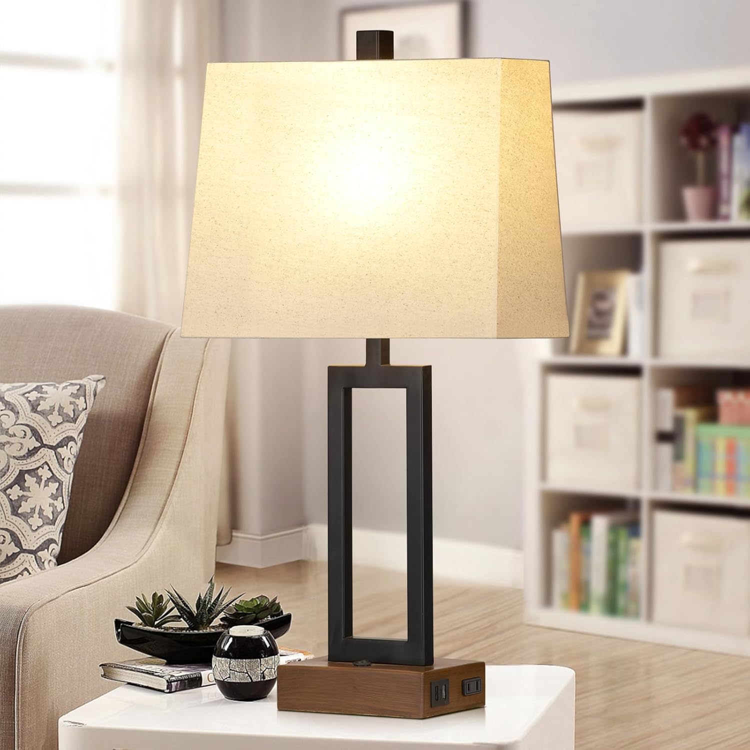 Table Lamps Set of 2 with 2 USB Ports and AC Power Outlet, Modern Bedside Lamp, Wood Nightstand Lamp with Linen Shade for Living Room Bedroom End Table Hotel Desk(LED Bulb Included)