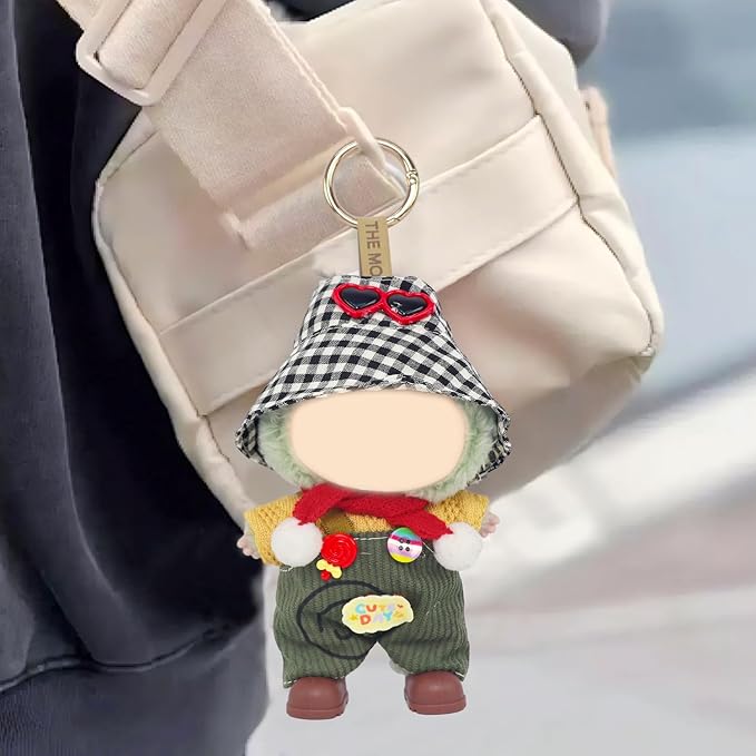 Doll Clothes Set for 17cm Dolls – Plaid Hat, Red Scarf, Yellow T-Shirt & Candy Bib Pants for 15 cm Mini Doll Stylish Outfits Accessories (No Doll & Shoes)