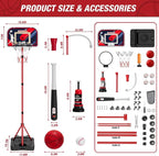 4 in 1 Kids Basketball Hoop and Tball Set for Toddlers 3-5, Basketball Goal with Scoreboard & LED, Hanging Tee Ball Stand with Baseball Pitching Machine, Indoor Outdoor Sport Toys for Boys 4-8