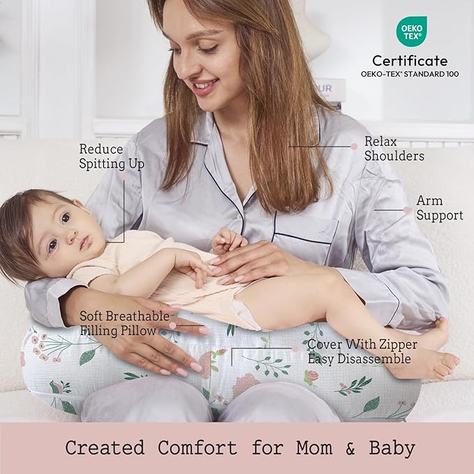 Little Grape Land Nursing Pillow, Soft 100% Cotton Breastfeeding Pillow with Breathable Muslin Removable Cover,Pink Bunny Breast Feeding Pillows for Babies 0-12 Months with Protective Zipper