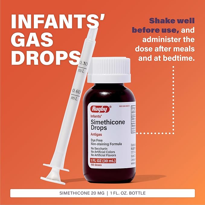 Rugby Dye-Free Infants' Gas Drops - Simethicone 20 mg Liquid Drops for Newborns, Babies, Toddlers, and Kids - Fast Relief from Gas Discomfort - No Artificial Colors or Flavors - 1 Fl. Oz. (3 Pack)